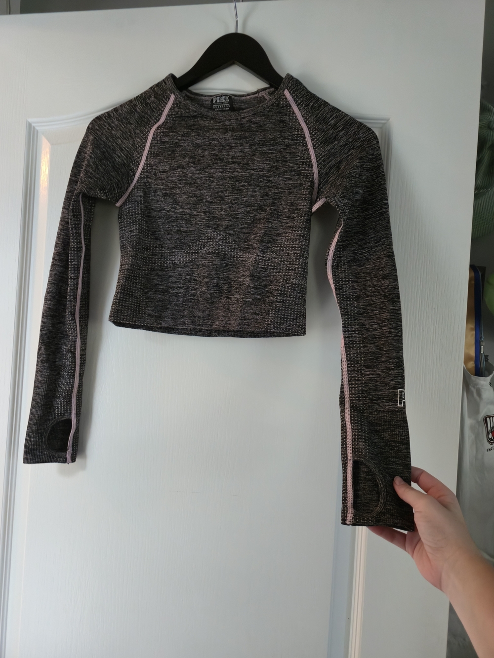 PINK Victoria's Secret Charcoal Seamless Long-Sleeve Workout Top with Pink Trim